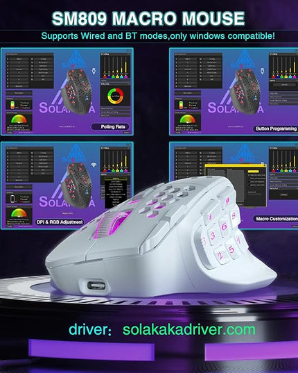 SOLAKAKA SM809 Pro Gaming Mouse with 9 Side Buttons,24000 DPI RGB Mouse for Gamer,16 Programmable Macros MMO Mouse,White