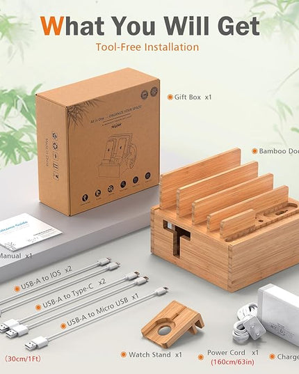 Pezin & Hulin Bamboo Charging Station for Multiple Devices Include 5 Port USB Charger, 5 Cables, Desktop Organizer for Phones, Tablet, Wooden Docking Stations