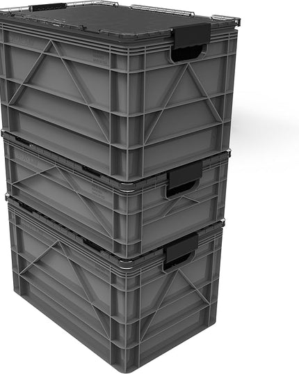 SIDIO CRATE Pro Pack - Two Full Size and One Half Size Heavy Duty Stackable Storage Bins, Totes, Containers with Lids and Dividers - Durable Organizer for Home, Office, Garage, and Outdoor Use - Gray