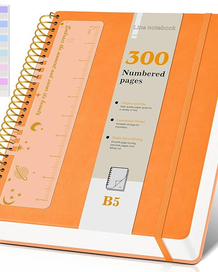 B5 Spiral Notebook Journal 7.6” x 10”, 300 Numbered Pages Hardcover Leather Journals for Women Men, Large Lined College Ruled Notebooks, 100GSM Thick Paper, Spiral Bound Journal for Work School, Orange