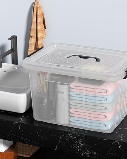 4 Packs 20 L Clear Plastic Storage Bins, Stackable Organizer Containers with Lids, Latching Box with Handle