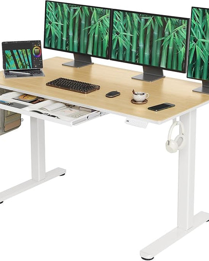 INNOVAR Bamboo Standing Desk with Drawers, 55" Adjustable Stand Up Electric Home Office Desk with Whole-Piece Board, White Frame/Bamboo Top