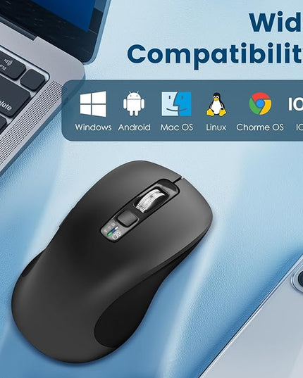 Wireless Bluetooth Mouse (USB + BT1 + BT2), Full Size Mouse, 4-Way Scrolling, Multi-Device Silent for Computer, Laptop, iPad, MacBook (Grey)