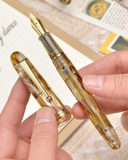 Asvine V126 Vacuum Filling Fountain Pen Brown Swirl Transparent Acrylic, Medium Nib Large-Capacity with Gift Case
