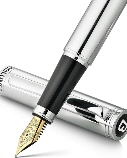 BEILUNER Silver Fountain Pen,Stunning Luxury Pens with Bright Silver Chrome, Gorgeous 24K Gilded Nib(Fine),Gift Pen Set for Men&Women -Ink Converter-Elegant, Professional, Nice Pen for Writing