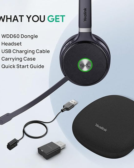 Yealink WH62 Portable Wireless Headset with DECT Dongle, 393 ft,Teams, Zoom Skype Certified, Office Work Headphones with 2X Noise Cancelling Mic, 13H Call Time, (Computer, Desk Phone)