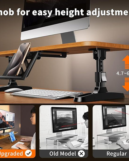 Wooden Monitor Stand Riser for Desk,Adjustable Height Monitor Shelf Riser with Phone Holder,Desk Storage Organizer Accessories,Wood Computer Screen Stands for Office,Home,Laptop,Printer,TV
