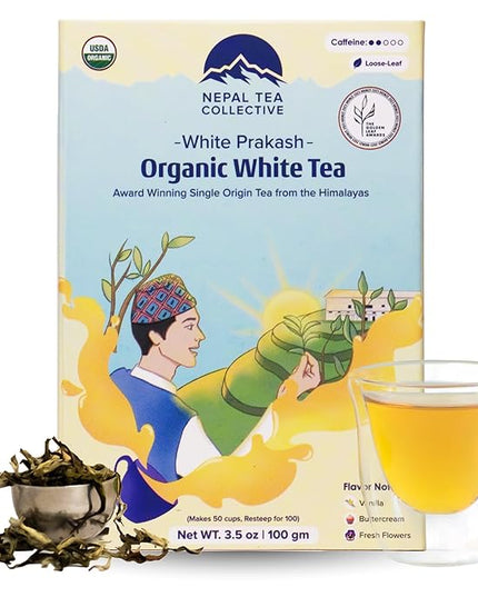 NEPAL TEA Organic White Tea Loose Leaf - USDA Certified Organic from a Family Farm in the Himalayas - Award-Winning Premium Tea Leaves to Enjoy Hot or Cold – 3.5oz /100g (White Prakash)
