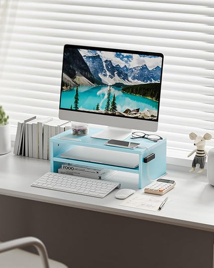 Marbrasse Monitor Stand Riser, 16.5 Inch 2 Tier Computer Printer Shelf Stand for Laptop Computer Screen Storage, Desktop Stand with Phone Holder and Cable Management (Blue)
