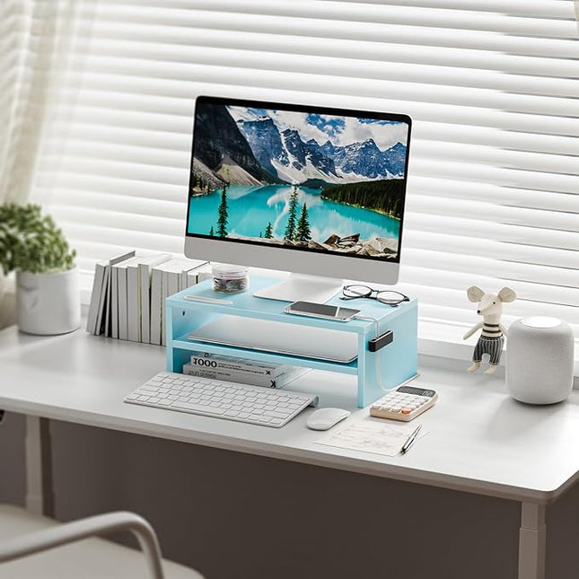 Marbrasse Monitor Stand Riser, 16.5 Inch 2 Tier Computer Printer Shelf Stand for Laptop Computer Screen Storage, Desktop Stand with Phone Holder and Cable Management (Blue)