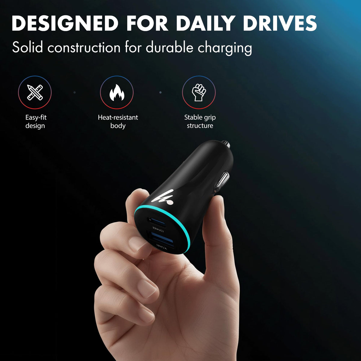 PD 51W Superfast Charging Wozoyo Car Charger, with Type C and USB A, Power Delivery, PPS & QC 3.0, Dual Port (33W + 18W), 12V–24V Compatible, Multi-Layer Protection, 2-Years Manufacturer Warranty