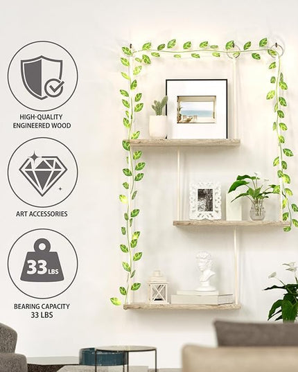 Hanging Shelves for Wall, 3 Tier Boho Wall Decor Hanging Shelf with Vine Lights