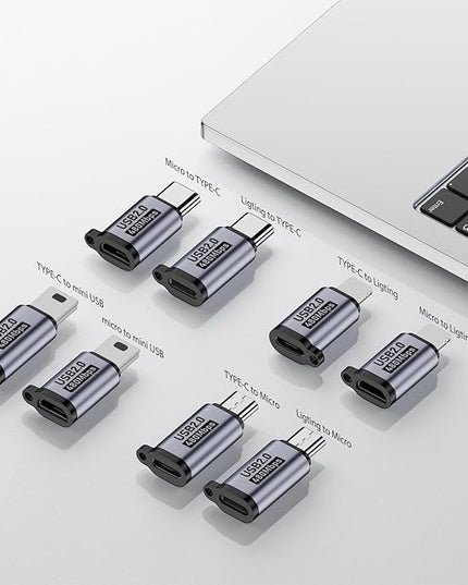 USB C to Micro USB/Mini USB/Lighting Adapter, Light-ning to USB C/Micro USB Converter, Micro USB 2.0 to Type C/Lighting/Mini USB Connector (8 Pack)