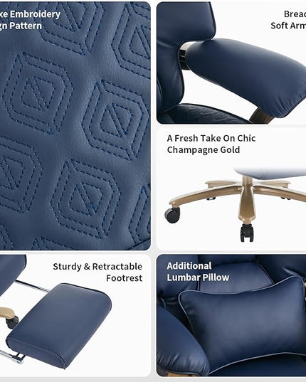 Big and Tall Executive Office Chair with Footrest, 400LBS Capacity Ergonomic High-Back Desk Office Chair with Lumbar Support, Padded Armrests & Thick Cushion, Blue PU Leather Chairs