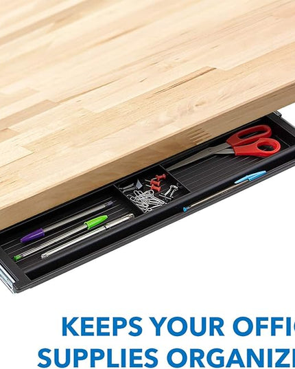 Mount-It! Under Desk Pencil Drawer – Sliding Hidden Storage Tray for Office Supplies, 4-Compartment Organizer with Smooth Glide Rails, Fits Wood Desks, 21.2” Wide, Black