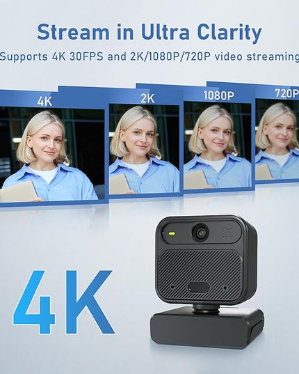 4K Webcam for PC, with 2 Microphone, 85° FOV Computer Cameras with Mirror & Flip Funtion, Remote, Precise Focus, Privacy Cover, Tripod, Webcam for PC, Great for for Computer/Zoom/Skype/Teams/Windows