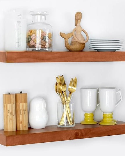 Homeforia 24inch Oak Floating Shelf for Wall, High End Solid Real Wood 24 inches Long Floating Shelves for Bathroom, Honey Oak Wooden Floating Shelves, Heavy Duty Bracket, 24 X 6.5 X 1.75 in, Set of 2