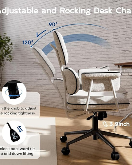 Fabric Office Chair with Granular Linen, Mid Back Vintage Desk Chair with Wheels and Wide Arms, Mid Century Modern Home Office Desk Chairs with Memory Foam Seat Cushion, Adjustable Height, White