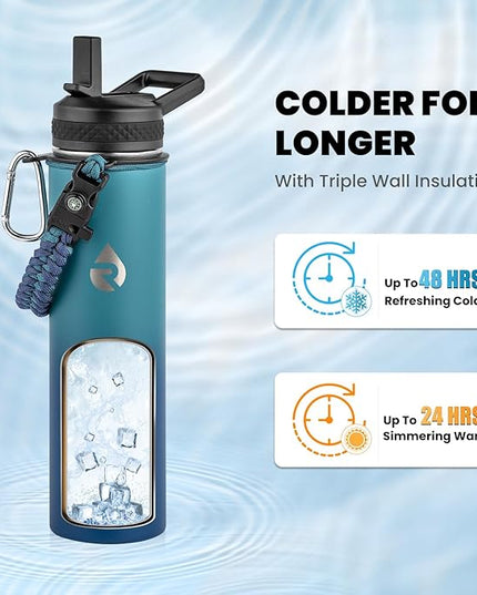 Insulated Water Bottle 24oz, Triple Wall Vacuum Stainless Steel (Cold for 48 Hrs, Hot for 24Hrs), Leak Proof & Non-BPA, 24oz Hydro Water Flask with Paracord Handle & Straw Spout Lids