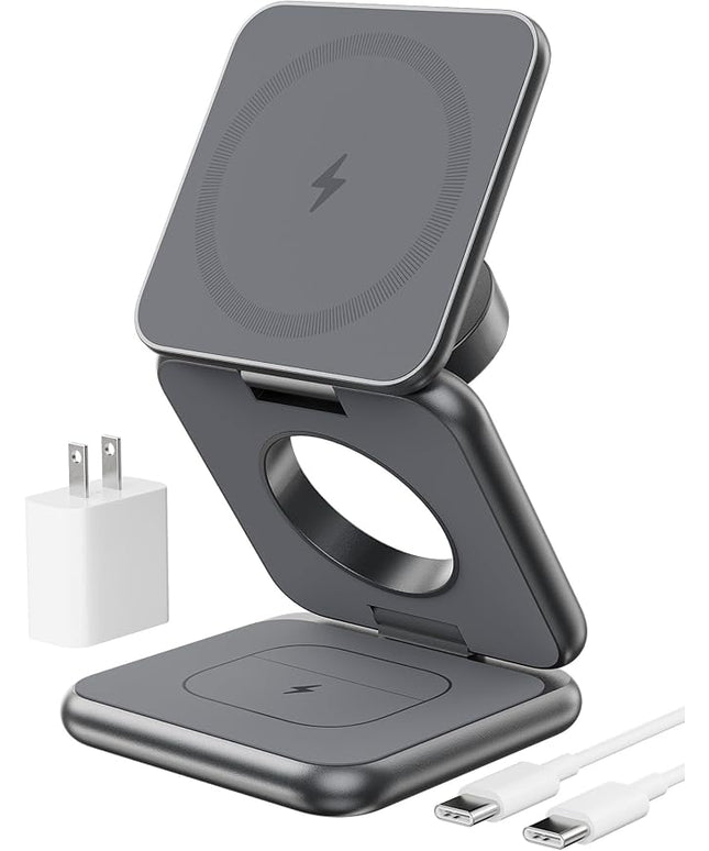 Foldable Magnetic Wireless Charger, KU XIU X40 Aluminum Alloy 3 in 1 Charging Station for Apple, Fast Magnetic Charger Stand for iPhone 17 16 15 14 13 12 Series, 5W for iWatch, AirPods 3/2/Pro, Gray