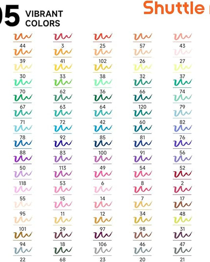 Shuttle Art Dual Tip Brush Marker Pens, 105 Colors Fine and Brush Tip Markers Set in Portable Case with 1 Coloring Book for Kids, Water-based Ink Adult Artist Coloring Calligraphy Journal Doodling