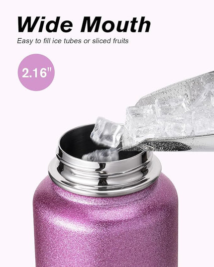 Coolflask Water Bottle 32 oz Insulated with Straw, Stainless Steel Metal 3 Lids Water Flask Wide Mouth for Sports or Office, Non-BPA Keep Cold Up to 48 Hrs or Hot Up to 24 Hrs, Glitter Pink
