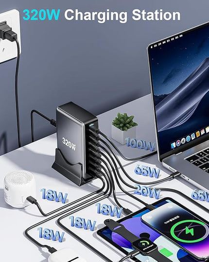 320W USB C Fast Charger Block, 8 Port USB Charging Station, GaN Ⅲ Pro 100W PD PPS Port Fast Charging Station Hub, Laptop Wall Charger Compatible with MacBook, iPhone 17, iPad, Android Devices etc