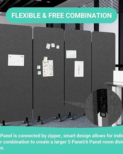 Soundproof Room Divider W/Wheels, 66in Office Dividers for Sound Proofing & Reducing, Sound Proof Dividers for Office Partitions Portable Acoustic Wall Divider (Dark Grey, 4 Panel-95''Wide)