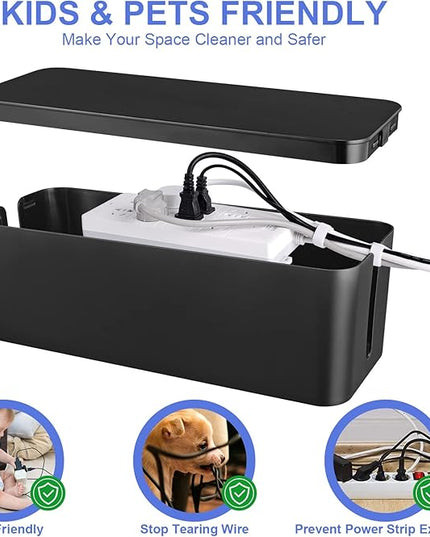 Cable Organizer Box Set of Three, Power Cover Cord Holder Surge Protector for Desk (Black)