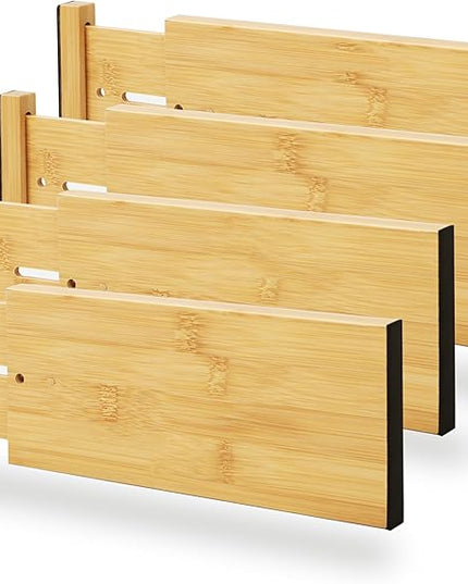 BAMEOS 4" High Bamboo Drawer Dividers - Adjustable Small Drawer Organizer - Kitchen, Dresser, Bathroom, Bedroom & Office - 4-pack