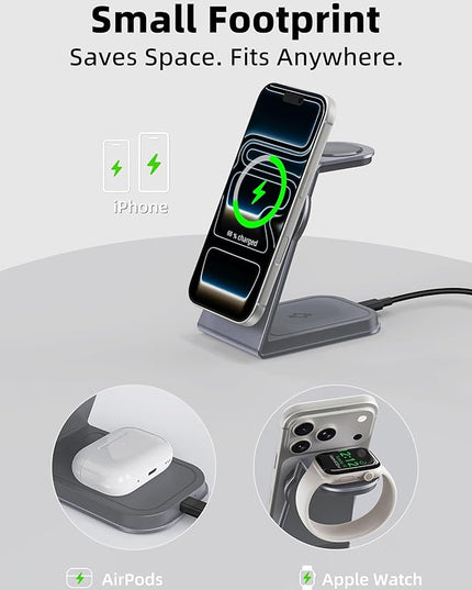 2025 3 in 1 Magnetic Wireless Charger Stand for Apple Devices, TRIBONE Qi2 Certified 15W Fast Charging Station for iPhone 17/16/15/14/13/12 Series, Apple Watch, Airpods