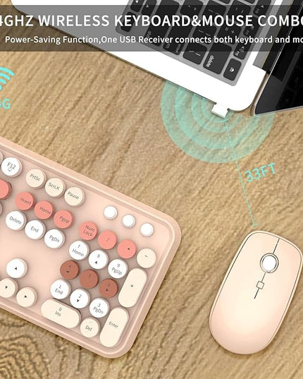 FOPETT Keyboard and Mouse Sets Wireless,Reliable 2.4 GHz Connectivity for PC,Laptop,Smart TV and More (Milk Tea Color)