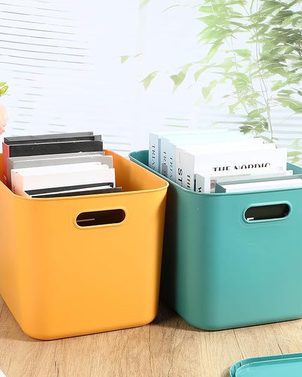 Hoolerry 8 Pieces Colorful Storage Bins with Lid, Plastic Storage Basket Organizing Container Stackable Box with Handle for Shelves Desktop Playroom Office(14.2 x 10.2 x 9.5 Inch,Green and Yellow)