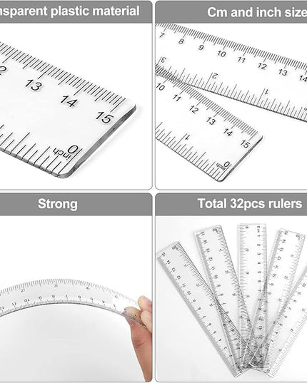 32 Pack 6 Inch Mini Rulers Bulk Plastic Small Rulers with Inches and Centimeters, Drafting Measuring Tool Set for Classroom Kids Student School Office Supplies(6 Inch,Clear)