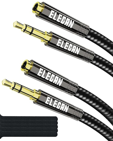 Elecan Headphone Extension Cable 1.5 Ft/2 Pack, 1/8 Inch 3.5 MM AUX Cord Wire Male to Female, Hi-Fi Sound Thin&Slim Braided TRS Stereo Audio Beats Cable Extender for Car,Home Stereos, Speaker,Phones