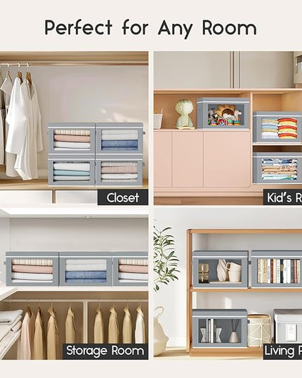 Collapsible Storage Bins with Lids - Stackable Storage Containers with Window, 15.7 Inch Fabric Organizing Bins for Closet, Home & Office Organization Baskets, Grey, 3 Pack
