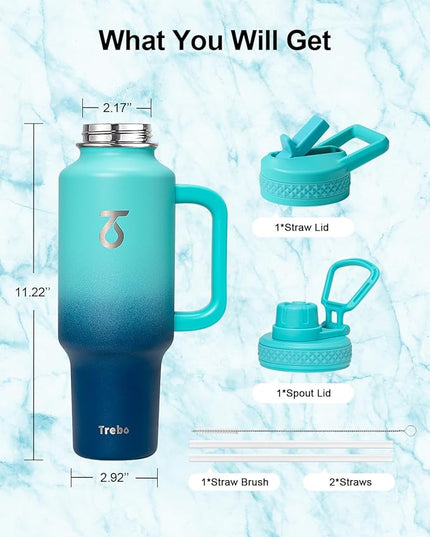 Trebo 40 oz Water Bottle Insulated Fit Car Cup Holder with Handle, Stainless Steel Retro Bottles Tumbler with Straw Lids, Vacuum Double Wall,Keep 24hrs Cold,Leakproof Reusable Travel Flask