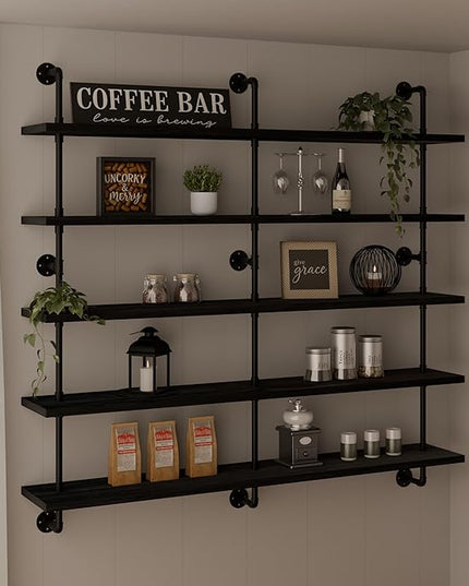 Floating Shelves for Wall Bookshelf Industrial Pipe Shelving Shelves 60 Inch 5 Tier Natural Wood Planks Rustic Wall Shelves Hanging Bookshelves Farmhouse Kitchen Shelving