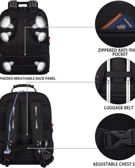 JCDOBEST Laptop Backpack, Red, 55L Capacity, TSA Approved, RFID Anti-Theft, USB Charging Port, Headphone Hole, Back Luggage Strap, Chest Strap, Laptop Backpack
