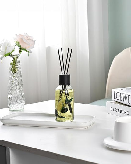 Bamboo White Tea Reed Diffuser Set - Fragrance Reed Diffusers for Home - 250ml Glass Bottle with Plant Accents, Black Reed Sticks, Dried Flowers - Aromatherapy Reed Diffuser Oil for Relaxation