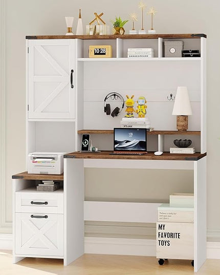 Farmhouse Executive Desk 51" Computer Desk with 2 Drawers Storage Cabinet and RGB LED Lights Power Outlets, Wood Home Office Desk with Hutch and Monitor Stand for Work Study Writing, Rustic White