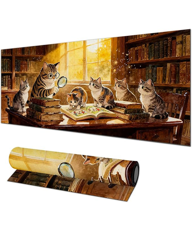 XL Mouse Pad 31.5 x 11.8 Inch Gaming Mousepad Diatomite Large Keyboard Mouse Pad for Home and Office Desk Accessories with Cozy Library Cat Study Artwork