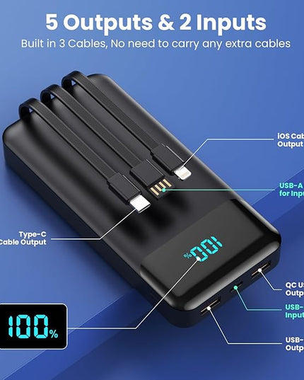 Portable Charger Power Bank 40800mAh with 3 Built-in Cables,25W Fast Phone Charging Portable Battery Pack,5 Outputs Travel Essentials Outdoor External Battery for iPhone 17/16,Galaxy Android etc-Black