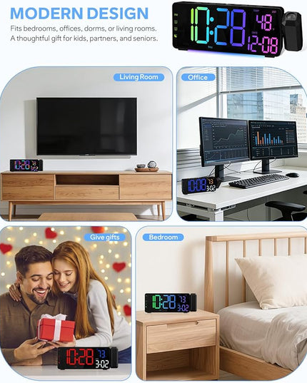 Projection Alarm Clocks, RGB Desk Clock with 180° Rotatable Projector 15 Color Display, Date Temperature and Weekday, DST, Snooze, Ambient Lighting for Living Room,Bedroom Bedside Office Decor