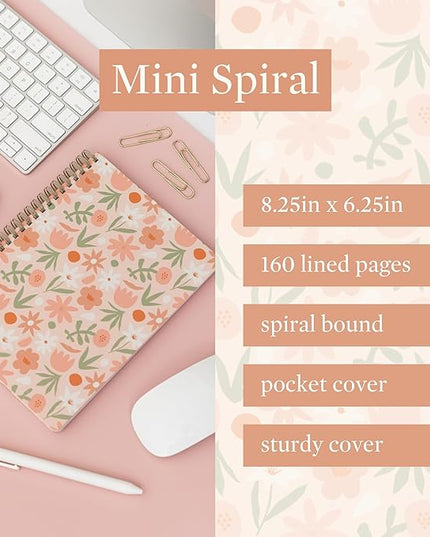 Steel Mill & Co Cute Mini Spiral Notebook, 8.25" x 6.25" Journal with Durable Hardcover and 160 Lined Pages, Star Floral, Blush