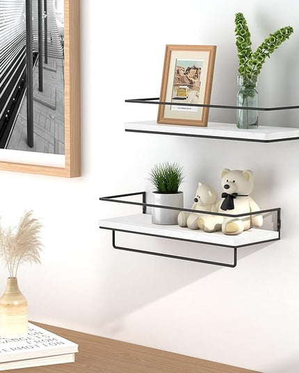 ZGO Floating Shelves for Wall Set of 2, Wall Mounted Storage Shelves with Black Metal Frame and Towel Rack for Bathroom, Bedroom, Living Room, Kitchen, Office (White)