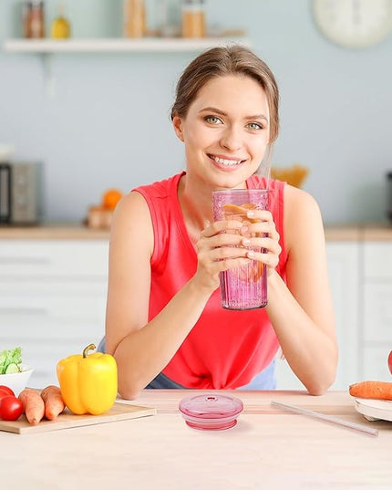 Joeyan 22 oz Pink Glass Tumbler with Straw and Lid for Iced Tea Coffee Smoothie Water Juice Beverages Soda,Ribbed Glasses Cups,Borosilicate Drinking Jar,Set of 2,Dishwasher Safe