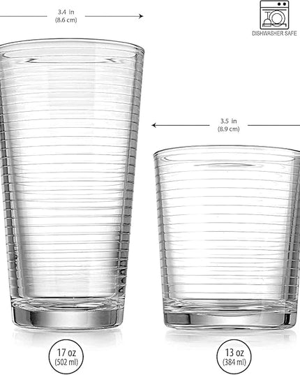 Glaver's Drinking Glasses Set of 12. Everyday Drinking Glasses. Mixed Drinkware Sets 6-17 oz Tall Kitchen Glass Cups, and 6-13 Oz Rocks Glasses. Ribbed Glassware Sets for Cocktail Beer Juice Water.