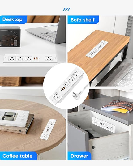 VILONG Recessed Power Strip with PD 20W USB-C, Flush Mounted Drawer Outlet, 4 Outlets & 3 USB Ports, Conference Desktop Built in Power Strip, 6.5FT Extension Cord(White)