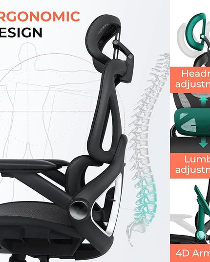 CAPOT Ergonomic Mesh Office Chair, Adjustable Lumbar High Back Desk Chair 400lbs, 4D Flip-up Arms, 3-Level Tilt Backrest, 3D Headrest, PU Wheels, Swivel Rolling Computer Seating for Long Desk Work